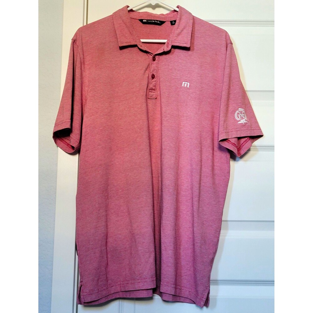 TravisMathew Men’s XL Salmon Striped Polo Shirt Short Sleeve Button Custom Logo